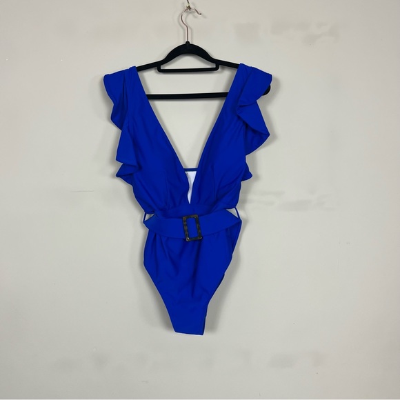 ONE PIECE SWIMSUIT PLUNGE V RUFFLE NECKLINE WITH BELT COBALT BLUE SIZE XL - Picture 11 of 15